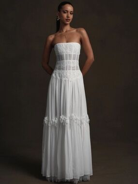 V. Chapman White Strapless Lace Panel Wedding Dress
